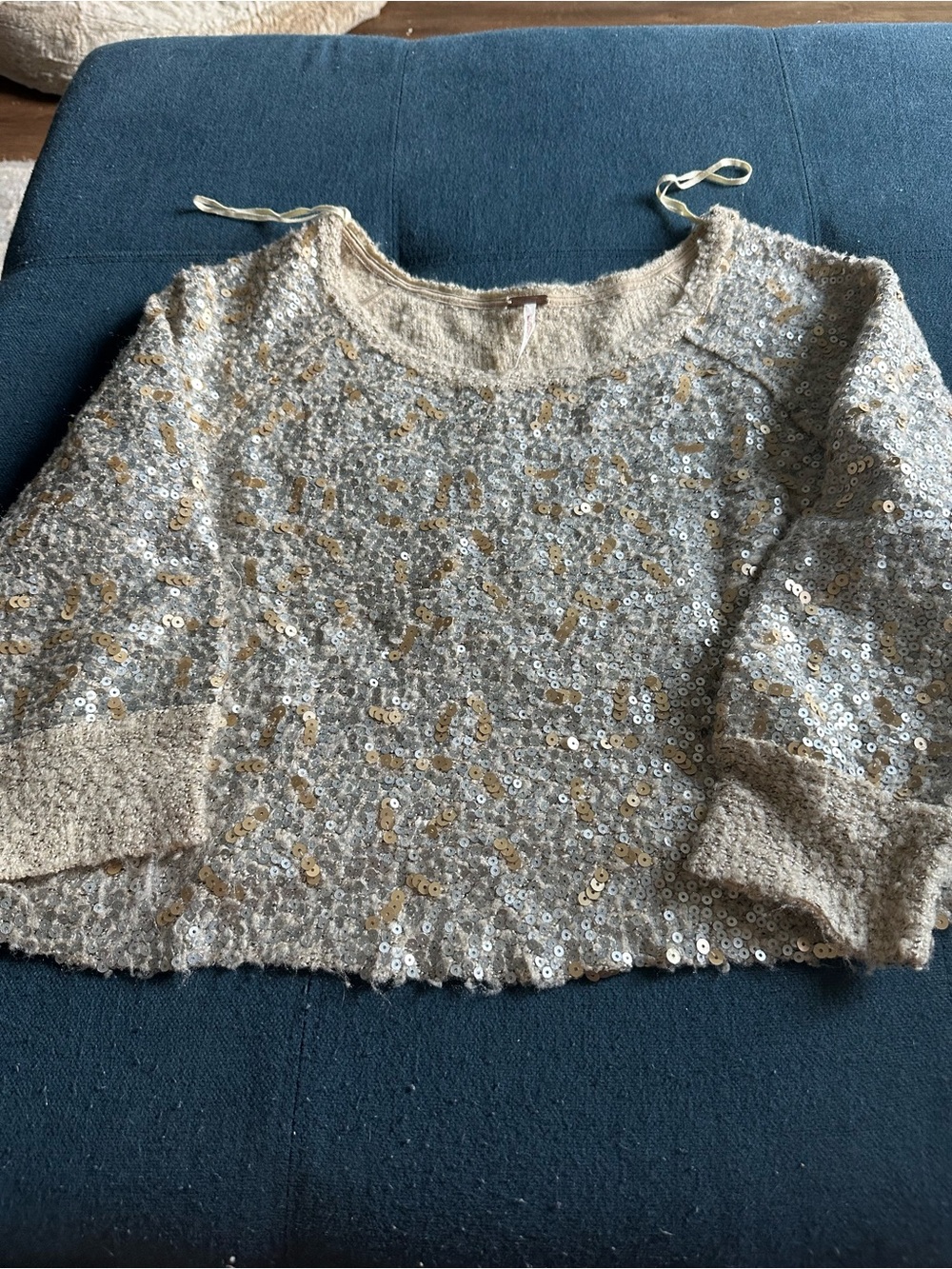 Free People Cream Sequin Crewneck Sweater